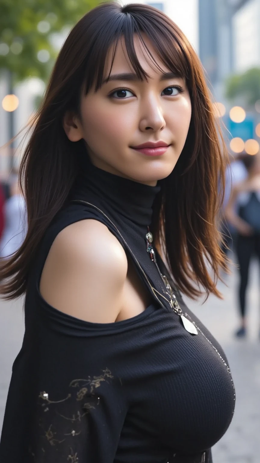 ((top-quality,8K,tmasterpiece:1.3)),Sharp focus:1.2,Beautiful Women with Perfect Style:1.4,Slender abs:1.2,(dark brown hair,small:1.2)),(Natural soft light,the city street:1.1),Highly Detailed Face and Skin Textur,Detailed eyes,double eyelid, Low-cut tights,cleavage,stooped,view the viewer