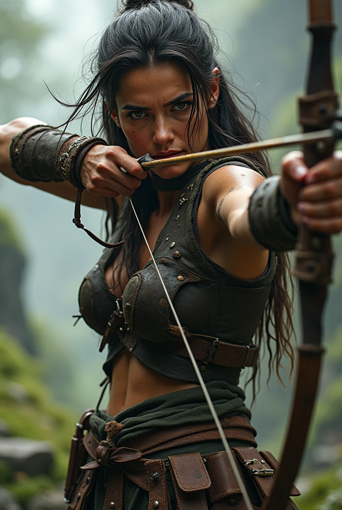 Masterpiece, High clarity eyes, perfect eyes, perfect face, perfect fingers, flawless, best quality, highly detailed, hunting pose, captivating beauty, Extremely Gorgeous woman with a bow and arrow, fluffy hair, in a leather, clothes and animal skins outfit, salma hayek as a barbarian, perfect eyes, hunting pose,small hairs in armpits visible, with bow and arrow, barbarian warrior woman, arya stark as venus, beautiful huntress, hunting goddess, lusty figure, warrior queen, Amazon tribal clothing, tattoo, Amazon tribes dress,warrior woman, warrior princess, amazon warrior, a beautiful woman warrior, greek amazon warrior, beautiful female warrior, female archer, elven warrior princess, very beautiful female barbarian, beautiful hair, armpits crease