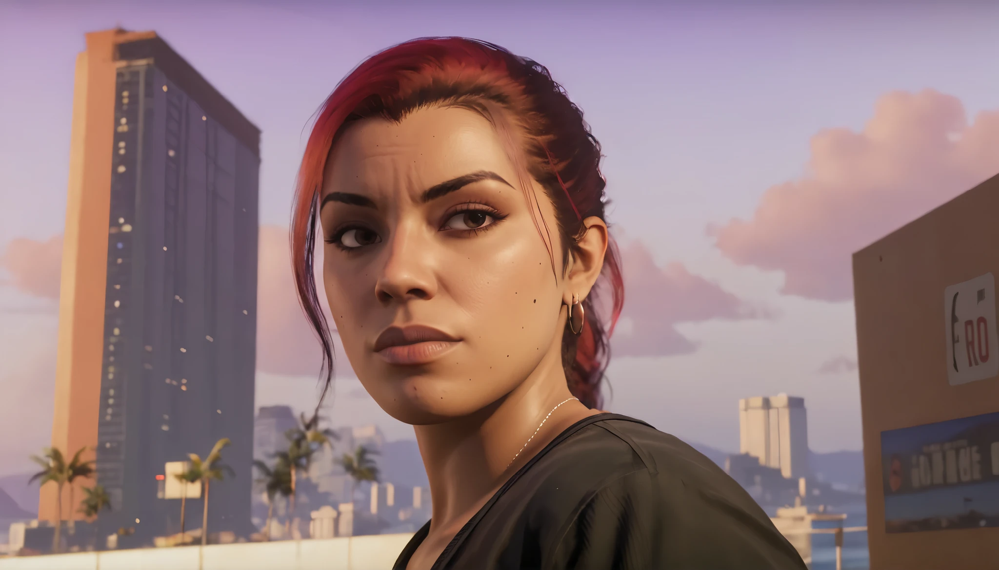 imagining a character like Lucia from GTA 6 , in the style of a YouTube video cover , showing that she is thinking that GTA 6 will be delayed, Placing elements of time and relogic , is in the background a large blurry clock