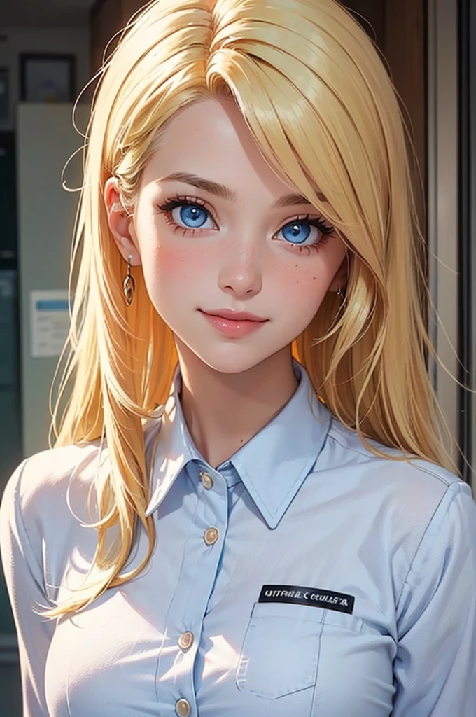 A woman, dynamic pose, inside the school, blonde, blue eyes