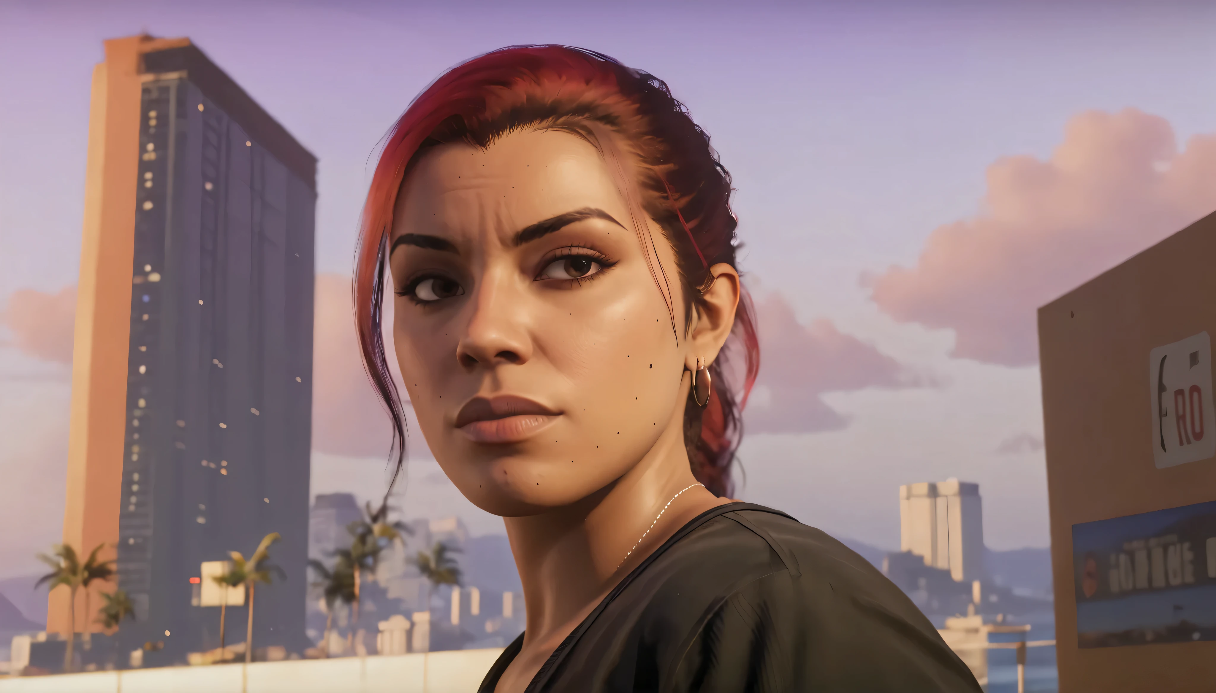 imagining a character like Lucia from GTA 6 , in the style of a YouTube video cover , showing that she is thinking that GTA 6 will be delayed, Placing elements of time and relogic , is in the background a large blurry clock