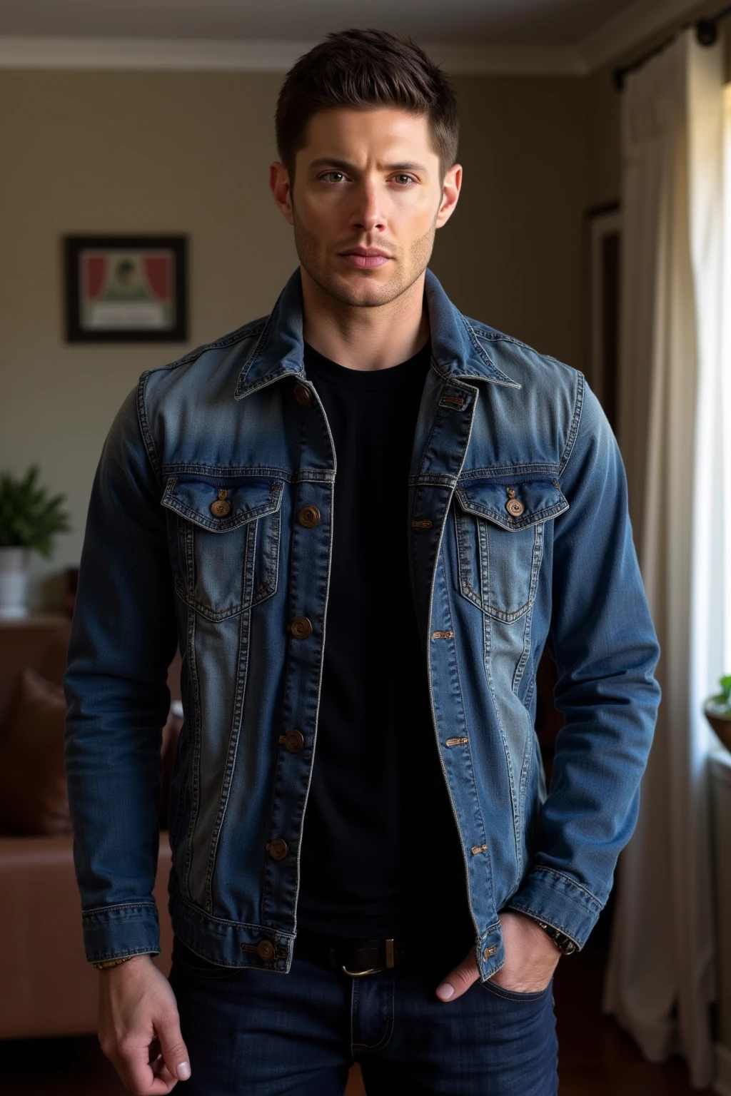 a man wearing Denim jacket and black jeans,( fireplace setting, deep canyon:0.7)   <lora:fic-Michael3:0.9>