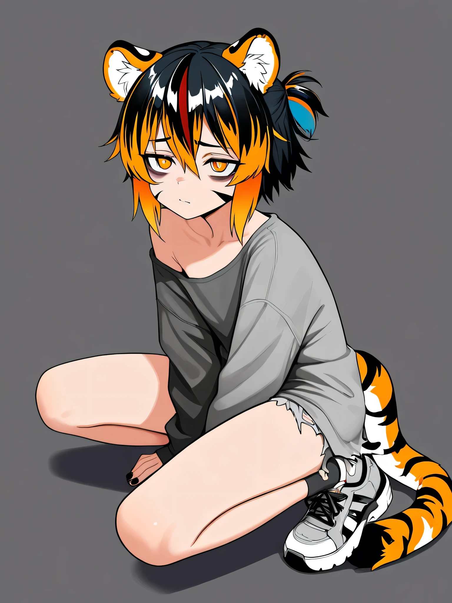 1 girl, solo, Anime style, short hair, rounded orange tiger ears, tiger tail orange-dark, orange eye color, short hairstyle, black hair color , tiger stripes on face, old clothes, torn clothes, Grey clothing, closed clothes , tired facial expression, eye bags, tired gaze all grey background, dark nail color, shabby shoes, Tall Growth, slim body.
Body fully visible, perspective exactly in the center