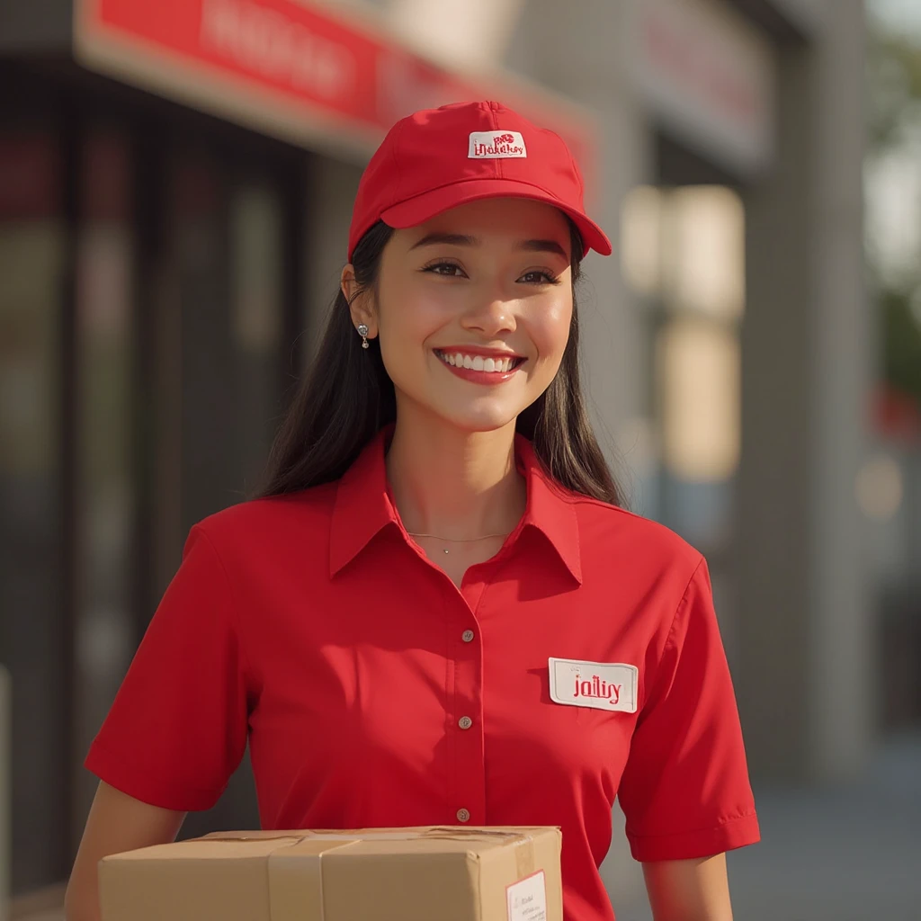 realistic human dressed in a delivery man uniform. with a clearly visible box with the name KFC delivery conveying confidence and professionalism.