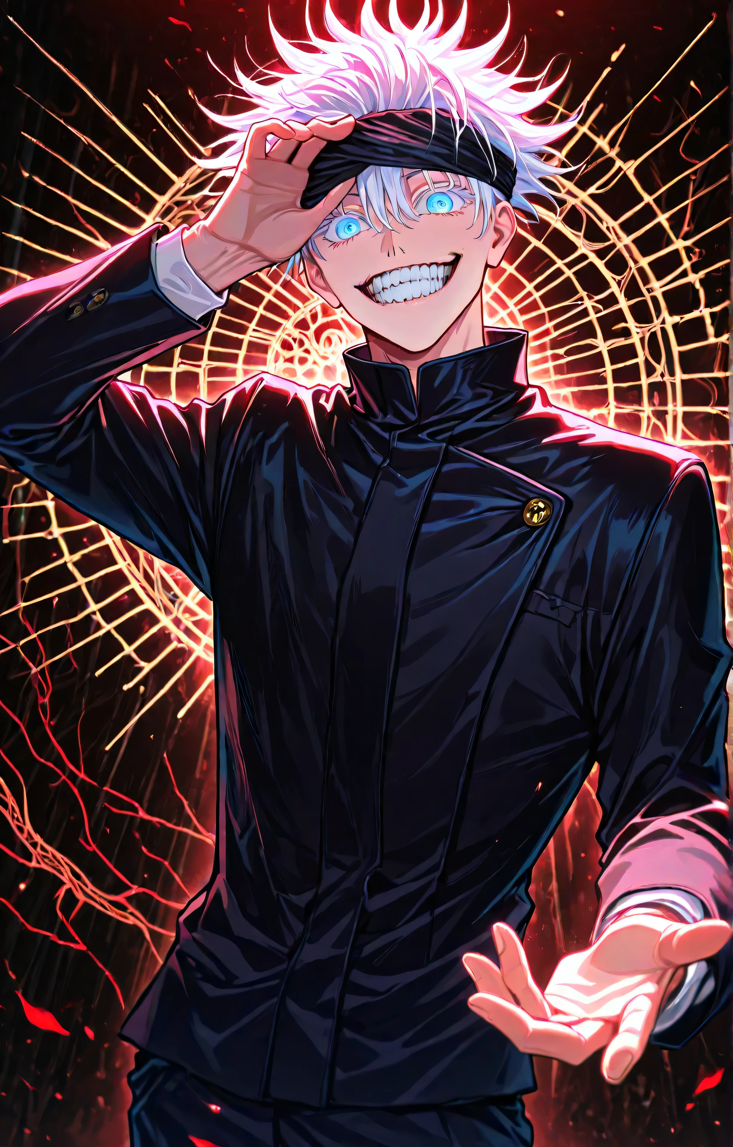 gojou satoru, jujutsu kaisen, 1boy, hand up, blue eyes, opening blindfold, blindfold,hair between eyes, looking at viewer, crazy smile,dynamic pose,colored eyelashes, short hair, white hair, black jacket, long sleeves, masterpiece, newest,best quality, amazing quality, awa quality, ultra detail, UHD,intricate detail, very easthetic,anatomy correct,cinematic lighting, studio quality