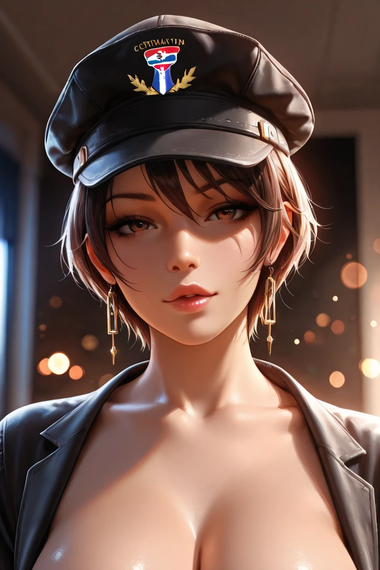 skistyle, 1girl, gloves, brown hair, jewelry, necklace, solo, brown eyes, hat, breasts, hair ornament, star necklace, hairclip, star (symbol), short hair, upper body, lips, brown gloves, cleavage, white headwear, large breasts, finger to mouth, collarbone, beret, blurry, black gloves, looking at viewer, bangs, leather gloves
