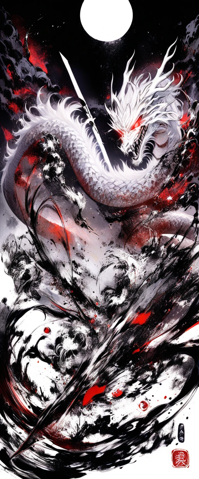 Japanese dragon, full width, beautiful red with black details, black background. A kind dragon, beautiful, clear lines.
