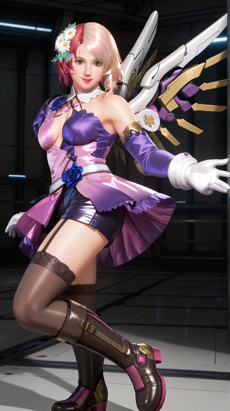 8k,highres,absurdres,masterpiece,best quality,original,extremely detailed CG,extremely detailed wallpaper,perfect lighting,<lyco:GoodHands-beta2:1>,
1girl,solo,blurry_background,looking_at_viewer,standing on the stage,
<lora:SYNNzhufengxuanying:0.7>,SYNNzhufengxuanying,see-through,thighhighs,long hair,gloves,brown eyes,purple hair,breasts,headset,blue hair,open jacket,dress,high heels,