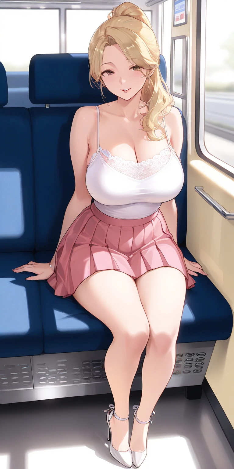 masterpiece, best quality, ultra-detailed, illustration,(1girl),beautiful detailed eyes, looking at viewer, close up, (breast focus), (arms behind back:1.2), (from above:1.1), light blonde hair, (huge breasts),(breasts out:1.3), (off shoulder:1.1),pink underwear,masterpiece,best quality,dutch angle,Ultra detailed,8K,realistic,ultra detailed,highly detailed,physics-based rendering,cinematic lighting,1girls,,naked,crying,pussy, cum,train,on seat,long hair,naked,blank look,