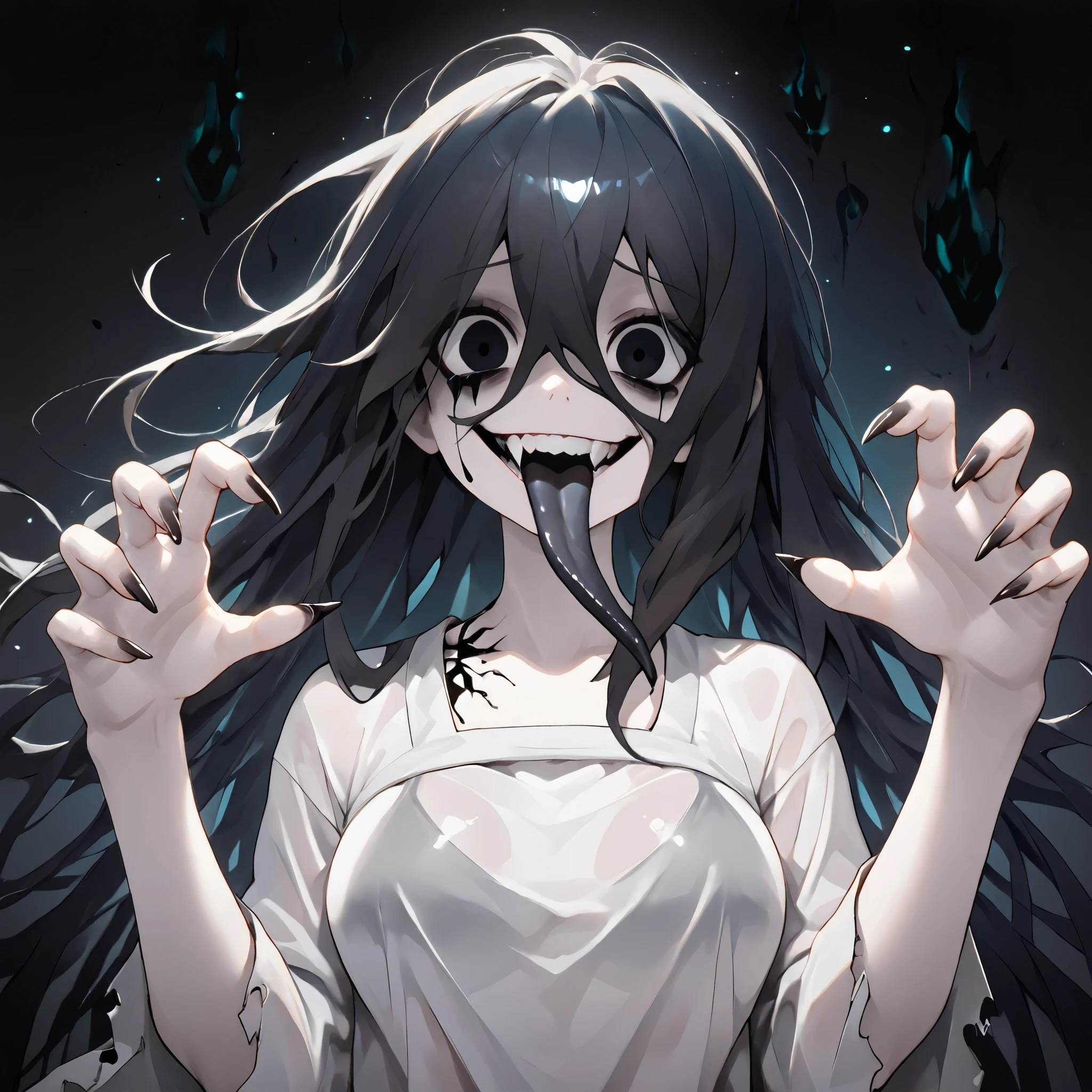 (ultra detailed), (masterpiece), (best quality), (depth of field), (sharp focus), (cinematic lighting), (vibrant white), 1, crazy smile, fangs, tongue out, deep eyes, japanese style, long black tongue, (long tongue), cursed image, yokai girl, pale hands, dark pupils, blank eyes, void black eyes, ruined dark makeup, black tears, dark gothic makeup, ghost girl, psychotic, psycho, a dark-lit japanese ghost girl, transparent white clothing, sexy white ghost clothing, transparent clothing, pale lips, sadako, transparent clothing, (pale skin), dark black fire, large breasts, casting dark black flames, sexy girl, with dark eyes, deep-set eyes, dark fire trail on eyes, dark messy hair and lots of dark energy, sadako ghost, psycho face, widely open eyes, dark liquid, (black flames in the background)), sharp teeth, (sexy pose), (holding floating dark glowing chains), sharp nails, very long nails, (((black gradient background:1.4))), ((dark floating glowing chains around)), iridescent floating chains, (side intense pose), dramatic pose, energy, energetic, Phonk, Brazilian Phonk, Simple Design, Simplified --s 100 --niji 5 --ar 1:1, phonk, 1girl, dark background, silhouette, glowing eyes, aura, haunted glow, floating hair, glowing eyes, looking at viewer, {{crazy smile, sadistic smile, closed teeth}}, {{glowing eyes, glowing particles, glow}}, traditional media, realistic