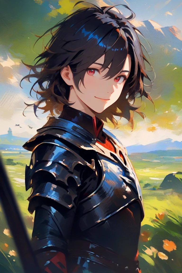 1man, young man, landscape, illustration, half body, handsome, black messy hair, soft looking eye, half black and red colored eyes, cheerful demeanor, warm smile, fantasy theme, wearing a simple looking Amateur level knight chestplate and tight turtleneck suit behind his chestplate, a male humanoid shadow demon behind him, holding a simple looking sword, had a stretch marks around his neck, depth of field, faux traditional media, painterly, impressionism, masterpiece, high score, great score, absurdres