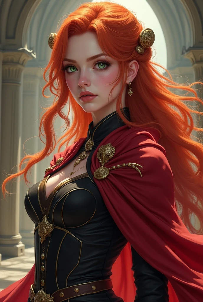 Beautiful tall woman with red hair and yellow eyes super realistic and well detailed wallpaper