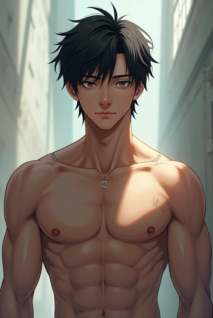 A black-haired boy with blue streaks and a large, well-defined body posing in a mirror in his bathroom without a T-shirt and only in black pants and with a tattoo on his arm and with a serious expression 