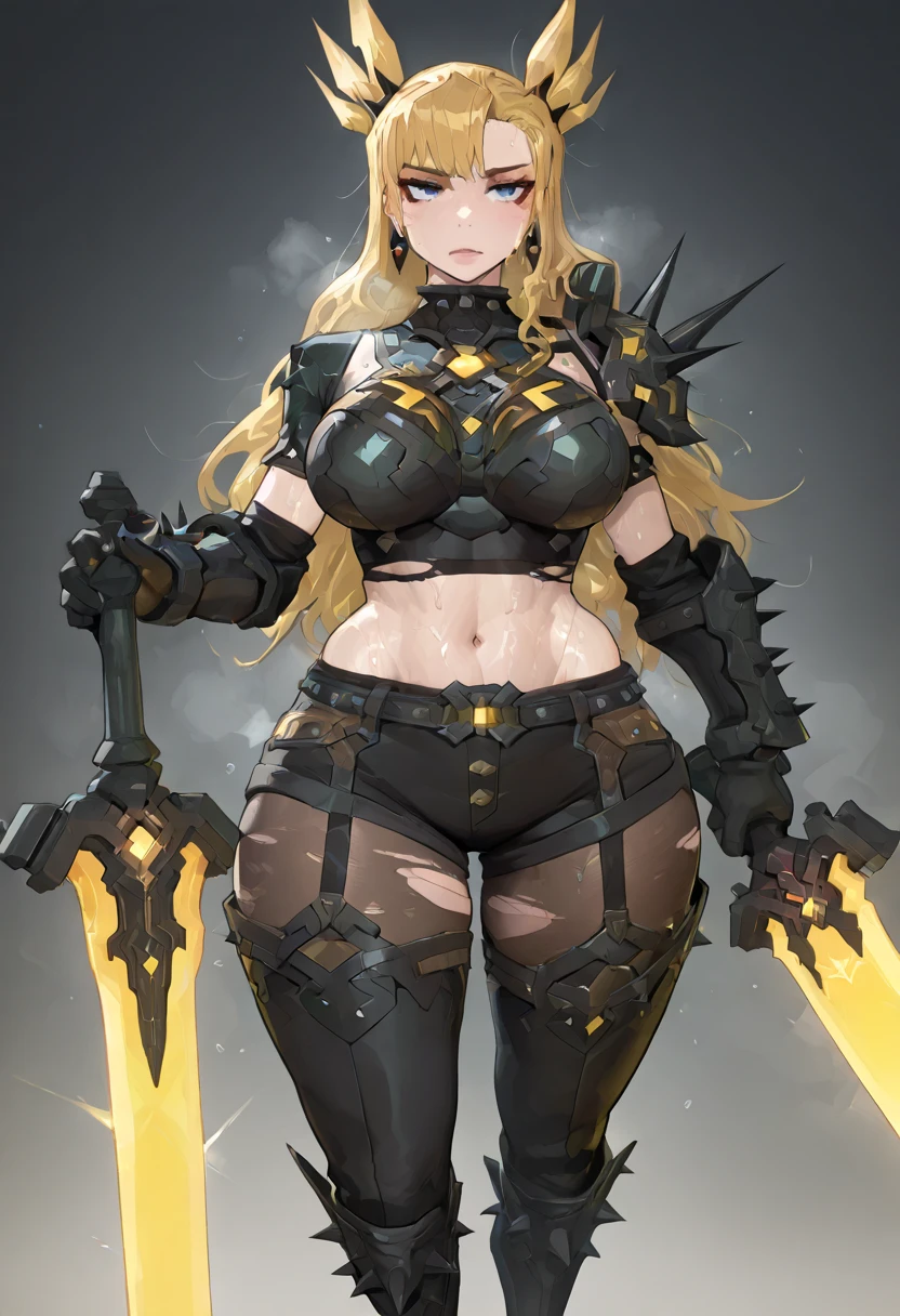 ((BLACK BACKGROUND1:2)) masterpiece, best quality, high quality, 1solo white SKIN elf, long hair, blonde hair, yellow eyes, full body, black bikini, looking at viewer, shiny, black thighhighs, high boots,shoulder armor, faulds, poleyn, gloves, gauntlets, FEET TOGETHER STANDING SYMMETRICAL, female elf big knockers bikini