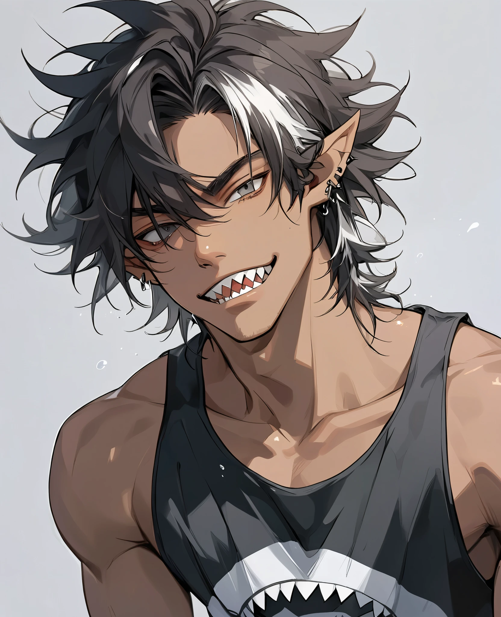 Male, medium hair, messy hair, black hair, There are some white highlights in the hair, Dark brown skin, Gray eyes, Wear a tank top, Has sharp teeth like a shark, Pointed ears, Half body shot,