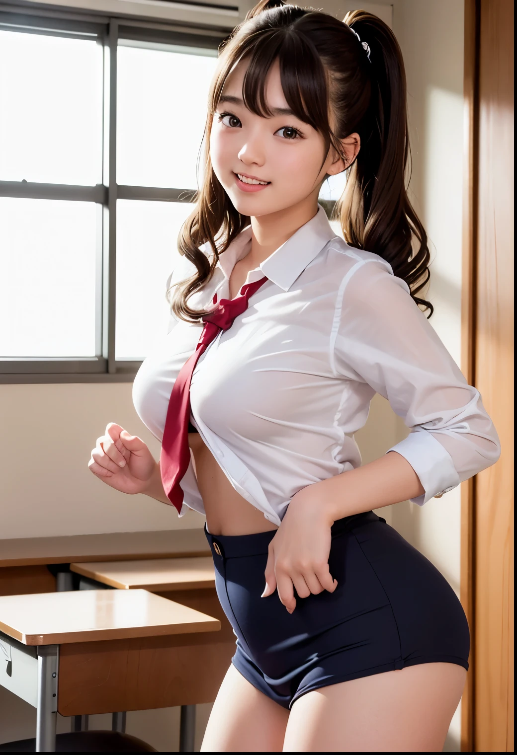(best quality,masterpiece:1.3, Ultra High Resolution ),(very well detailed、caustics) (realistic:1.4, RAW shooting、)Ultra-realistic Capture、very well detailed、natural skin texture、masterpiece、( Japanese girl in uniform in a high school classroom:1.3)、hair blown in the wind、 adorable expression 、Expressions of joy、、: 、、innocent girl、 amazingly cute、twin tail hairstyle、 curly hair、scrunchie 、 black hair、very big breasts、 Glowing Thighs、Photo taken in a high school classroom 、Background details、smile、 charming gaze、(human anatomically accurate)、 Attention to Details 、