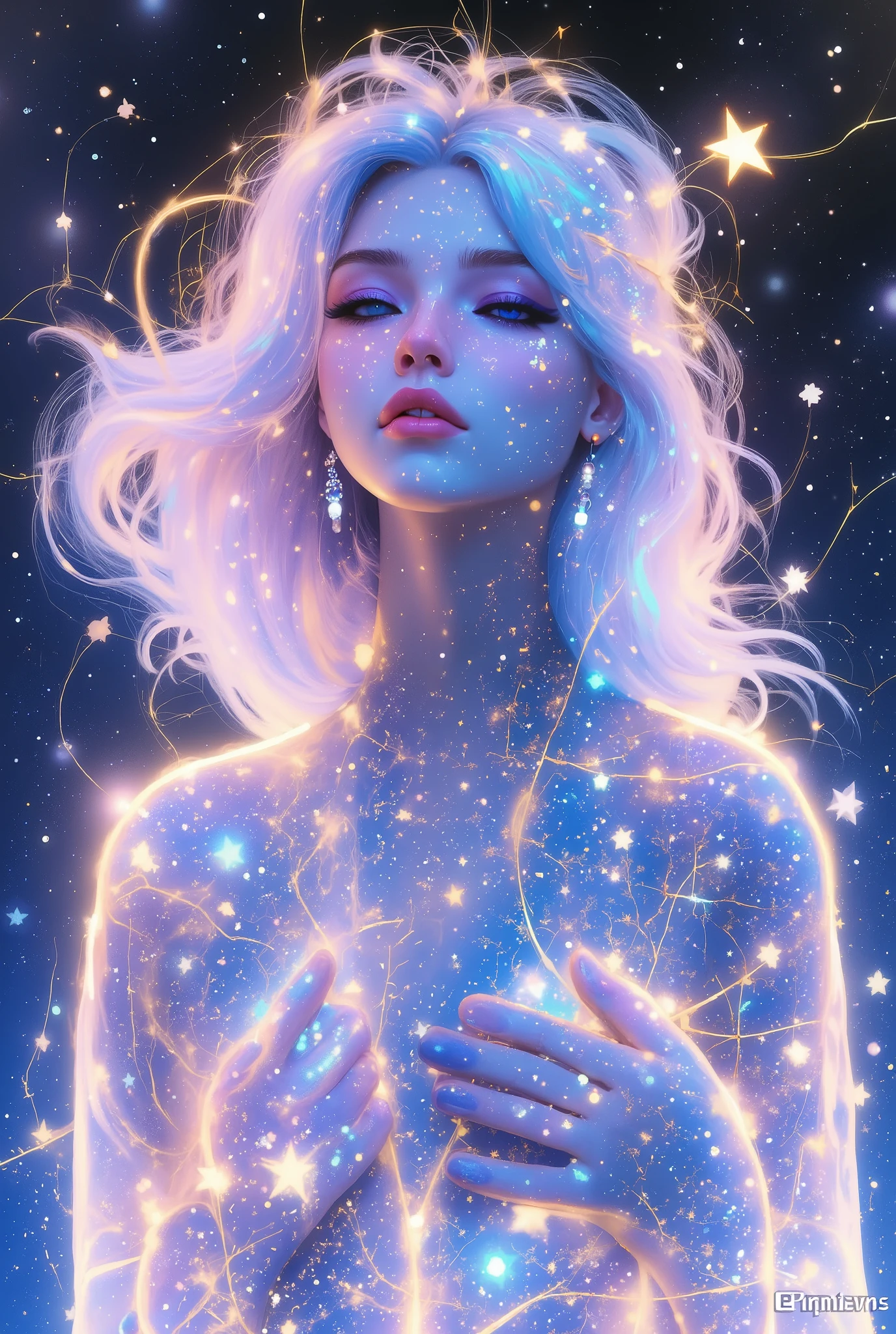High quality picture, very detailed. A very handsome Kpop style man with Asian eyes & long detailed lashes are placed in the middle of the image. the style is oil painting & atmospheric with shadow contrast & Lights, But very smooth & glittering. His hair color is white & bright like the moon. it Does a gentle wind blow in it. It is short hair with typical kpop haircut. his hair hangs a bit on his face. his facial expression is sensual & mysterious. his cheeks are reddened pink. his lips are pale pink & sehr glittering. his shirt is silky white & a lavender, long silk band is wrapped around his neck several times, both float in the wind. the shirt is open in the upper part. he holds both hands in front of his chest, retaining a pattern of matrix-like codes, glowing in bright light. this matrix light shines through his fingers. the atmosphere is mysterious. his eye color is bright deep blue. the style is semi-realistic. his hair is very glittering. a long silver earring with a glowing blue gemstone at the end hangs from his ear. the background is dark blue & dunkellila. in the background there are glowing matrix-like codes. Some magnolia branches with beautiful pink Blossoms surround the man, slightly projecting into the picture.