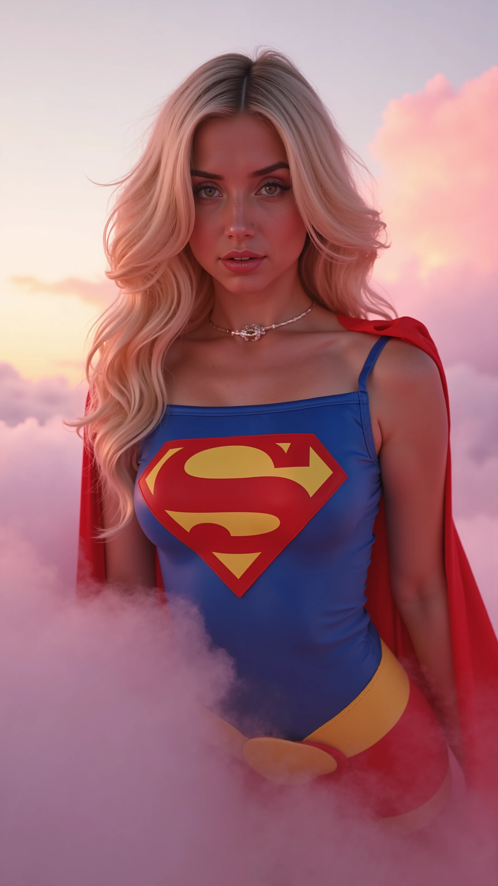 Close-up of an imposing figure, a young woman in a 1980s Supergirl costume ((20years old with large breasts; Supergirl 1980s costume; glued to the body; beautiful and elegant; huge breasts; blonde hair with some white strands))) and piercing gaze, floating with just a hint of early morning sunlight. She is floating in the clouds, reflected pink light, fog or mist in the foreground