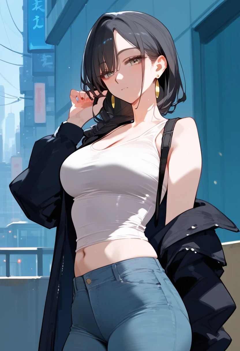 An Asian woman with large breasts in jean shorts and bikini top, 1girl em, seios, sozinho, shorts, umbigo, seios grandes, Denim, denim shorts, clivagem, brown hair, short shorts, cabelos longos, Realistic, sorrir, Olhando para o Viewer