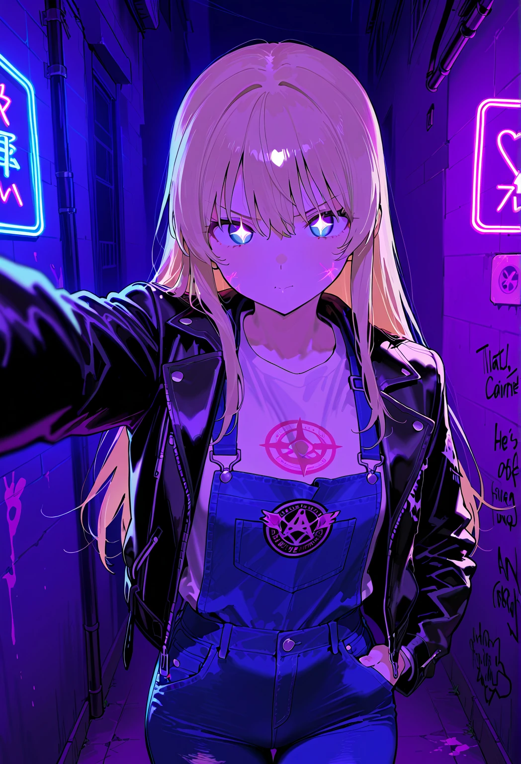 indoor,Fluorescent lighting,(((Shrouded in darkness))),Wall Background,Black background,silhouette,Shadow,Extreme darkness,Minimalist graffiti style background,Fluorescent Grey Tactics Skull Graffiti,Dark atmosphere,Cowboy Shot,One girl,Oversized black t-shirt,Mid-chest,Waistless T-shirt,(Underbust),Blurred Background,Blurred foreground,Fluorescent grey hair,Fluorescent grey eyes,Raise your hand and touch your hair,Long Hair,Low-rise denim shorts,pink eye Shadow,Ruined eyeShadow,(Vanishing Point,Depth of written boundary,Background Blur),(Vine-covered foreground:10),dark and edgy、Elements of surrealism、Expressive brushwork、Dynamic configuration。\Very detailed explanation,Lock,Barbed wire,Wooden piles,(Bloody Moonlight:20),High detail, Ultra high definition,
