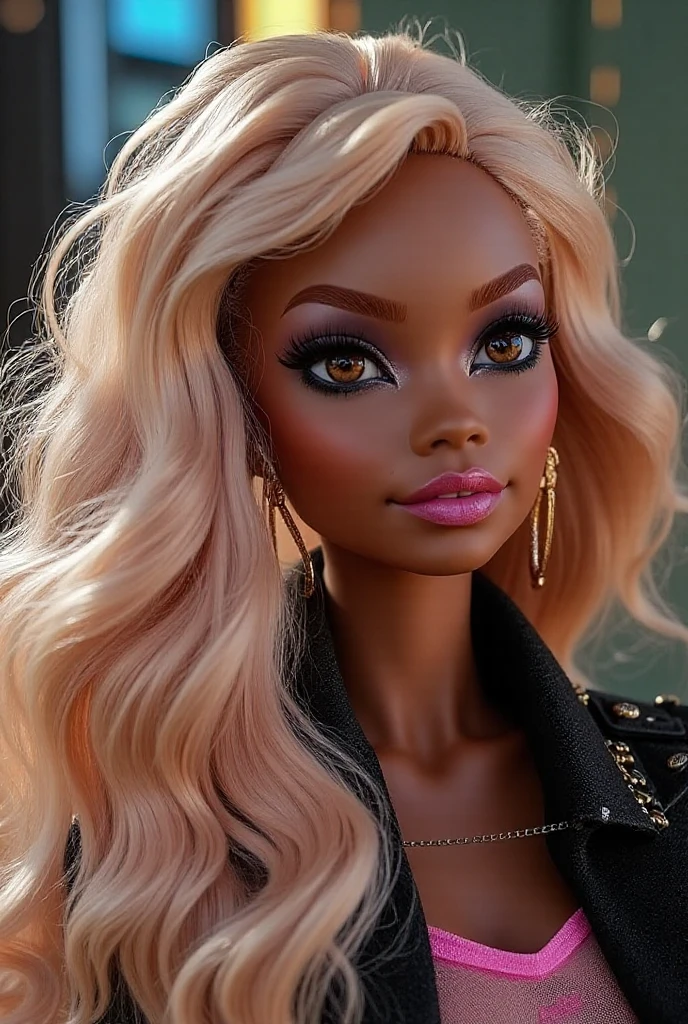 ultra-realistic Bratz doll inspired by Latto. The doll has a warm caramel complexion, large almond-shaped eyes with dramatic lashes, and full, glossy nude lips. Her platinum blonde hair is styled in long, voluminous waves. She wears a metallic gold mini dress paired with thigh-high snakeskin boots. Accessories include oversized hoop earrings, a diamond choker, and a luxury designer handbag. The doll exudes Latto’s bold, glamorous style with signature Bratz features.
