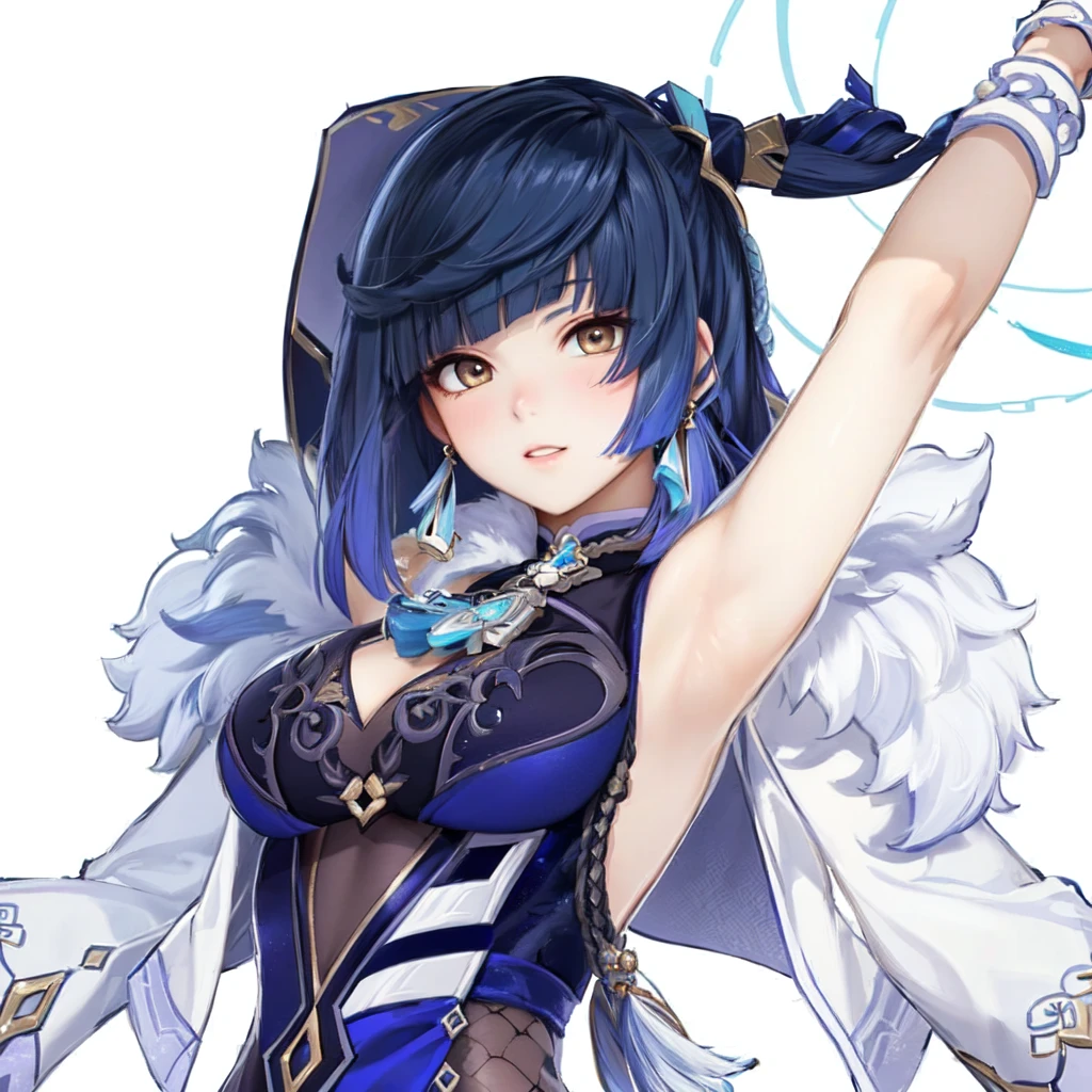 a girl,arm up,armpit show,smirk