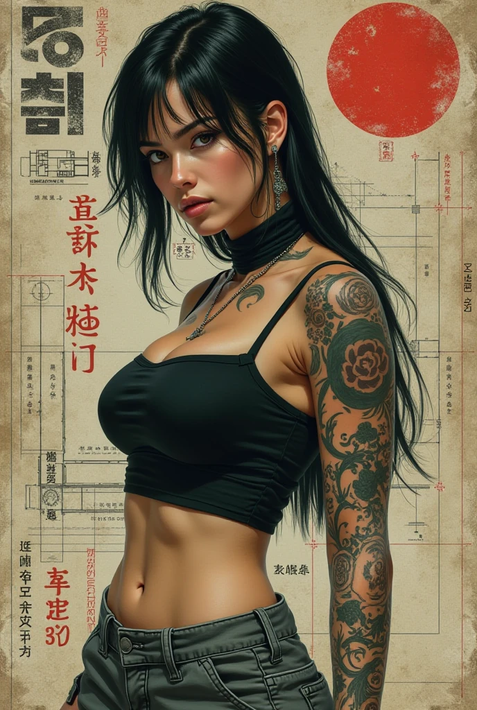 Best quality, Works of masters, A high resolution, 1girl, Super beautiful face, super beautiful eye, Super beautiful black mohawk hair，(MagazineCover:1.2)，Trendy Harajuku-inspired rock outfits，Expose shoulders, tons of tattoos and piercings, accentuated super huge enormously gigantic nude tits and nipples exposed 