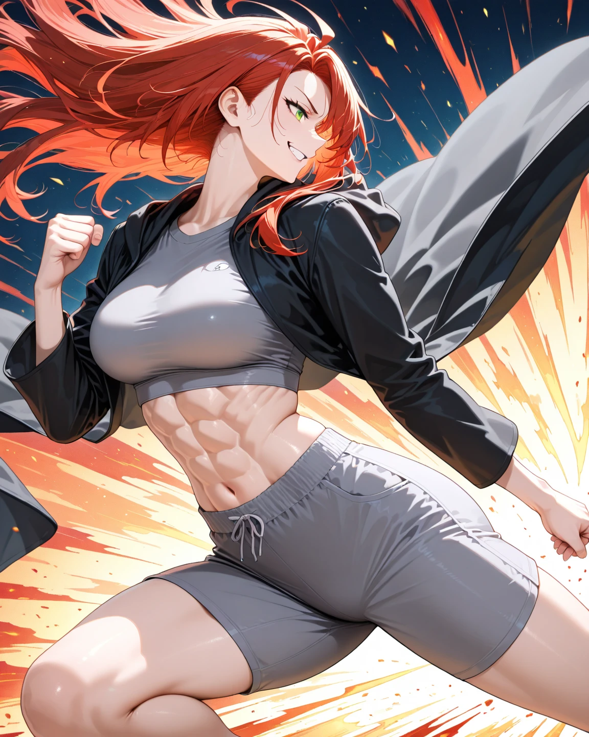 Highest quality、masterpiece、8K、Realistic、超High resolution、Very delicate and beautiful、High resolution、Fantasy、Bedroom、Muscle Girl、Perfect female body、Beautiful woman、Mature Woman、Red hair、long hair、Six Pack、One tattoo、Earrings、Toned body、big 、Cape、Tank top、I can see your belly、pants、boots、Squat with your legs apart、Full body emphasis、Simple Background、Fighter