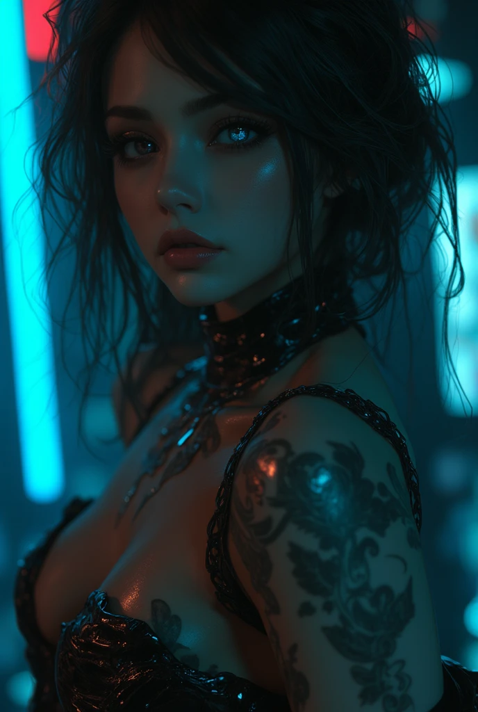 (((Naked female Cyberpunk girl)), (((NSFW)))Best image quality, darkened bedroom, (((beautiful woman in sexy position))), ((extremely beautiful detailed face)), ((sweet cute face)), ((((sweet young face)))), (((skin covered in sweat))), ((shapeless hairstyle)), ((cowboy shot)), gothic fantasy, ((Award-winning Polaroid photography)), (Hyper-detailing), (Complicated details), (High resolution photograph 8k), Fantasy style, depth of field,((create depth with atmospheric lighting)), wide shot, ((use atmospheric and volumetric lighting, cinematic lighting)), Dark chiaroscuro background, (((NSFW)))