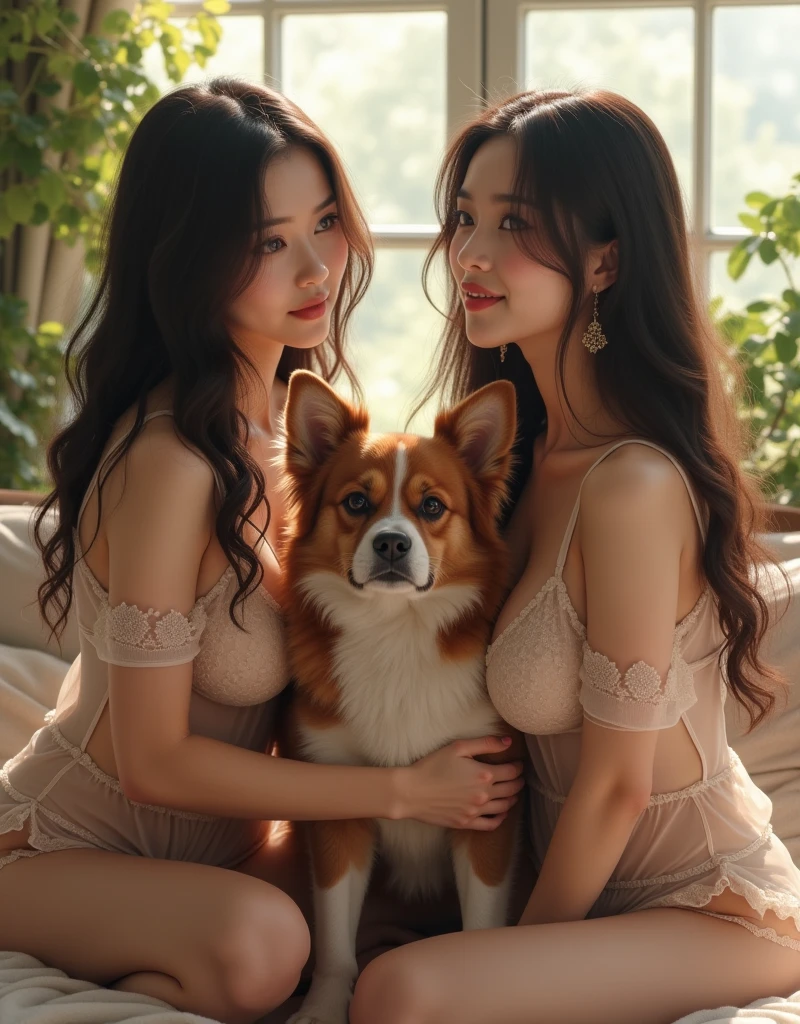 masterpiece、high quality、realistic、A 20-year-old beauty hugs a very large brown dog with its tongue sticking out、Completely naked、(naked 1.2)、beautiful breasts、bed、((skin wet with white milk))