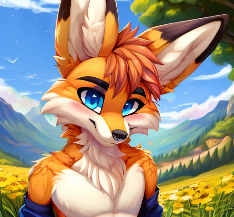 ((best quality)), ((masterpiece)), (detailed), 1 boy, masculine, Happy pose, Very happy look, fluffy fur, fox, complete head portrait in the middle, flowers background, Complete view ears, Rainbow hair color