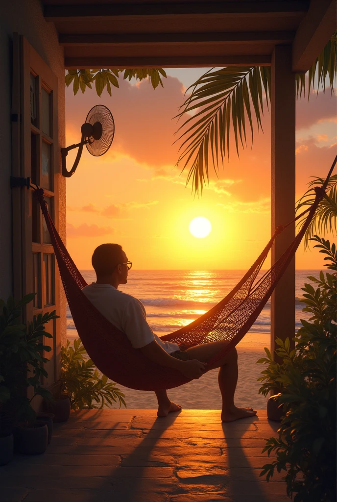 Man arriving at a hammock in his backyard at night
