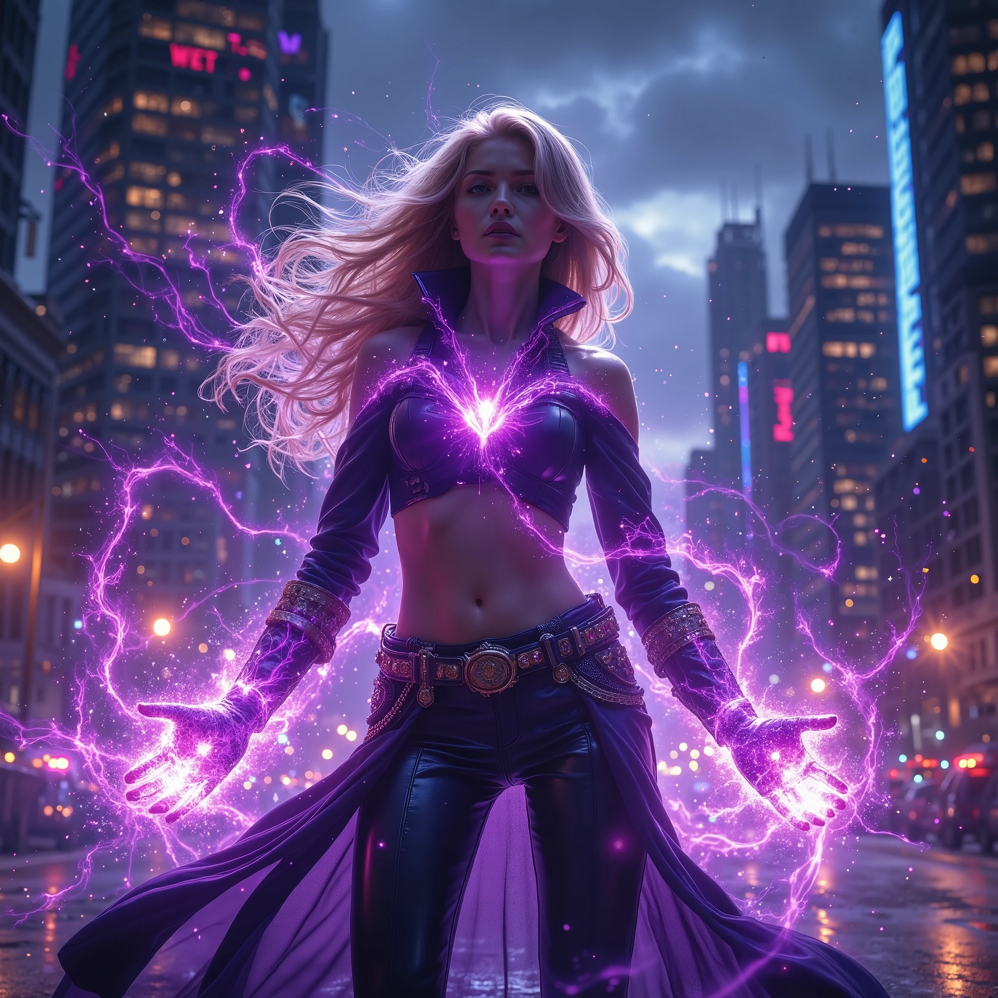Beautiful and seductive, overflowing with dark power, an evil villainess floats above the recently destroyed husk of a heavily populated city. Dark purple tendrils of energy flow across her lithe fingers. Blonde hair with side swept bangs, glossy red lips curled into a sinister smirk as see views the destruction with glee.  Across her body, a skintight costume made of black with accents of pink reflect the power flowing from her godlike form.  Evil triumphs. 