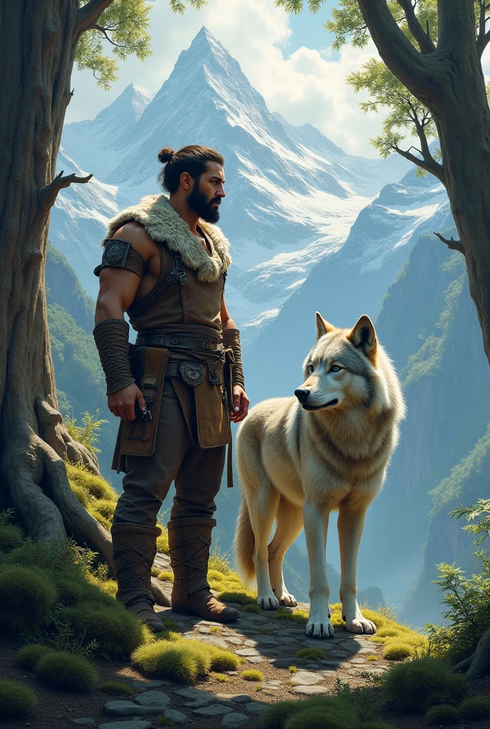 the best quality, very high resolution, detailed 4K CG, Masterpiece artwork, augur, Nordic Deuses, handsome man plus a wolf, rune tattoos, viking, Celtic mountains, blue sky, Norse mythology, viking rune tattoo, beautiful aesthetic, Beautiful picture, There are beautiful mountains with green grass in the back