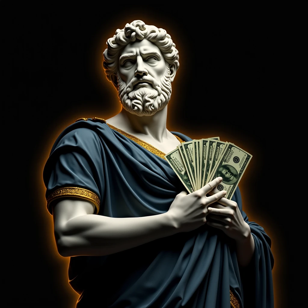 Greek statue with a smile on his face wearing cool glasses and holding money in his hand