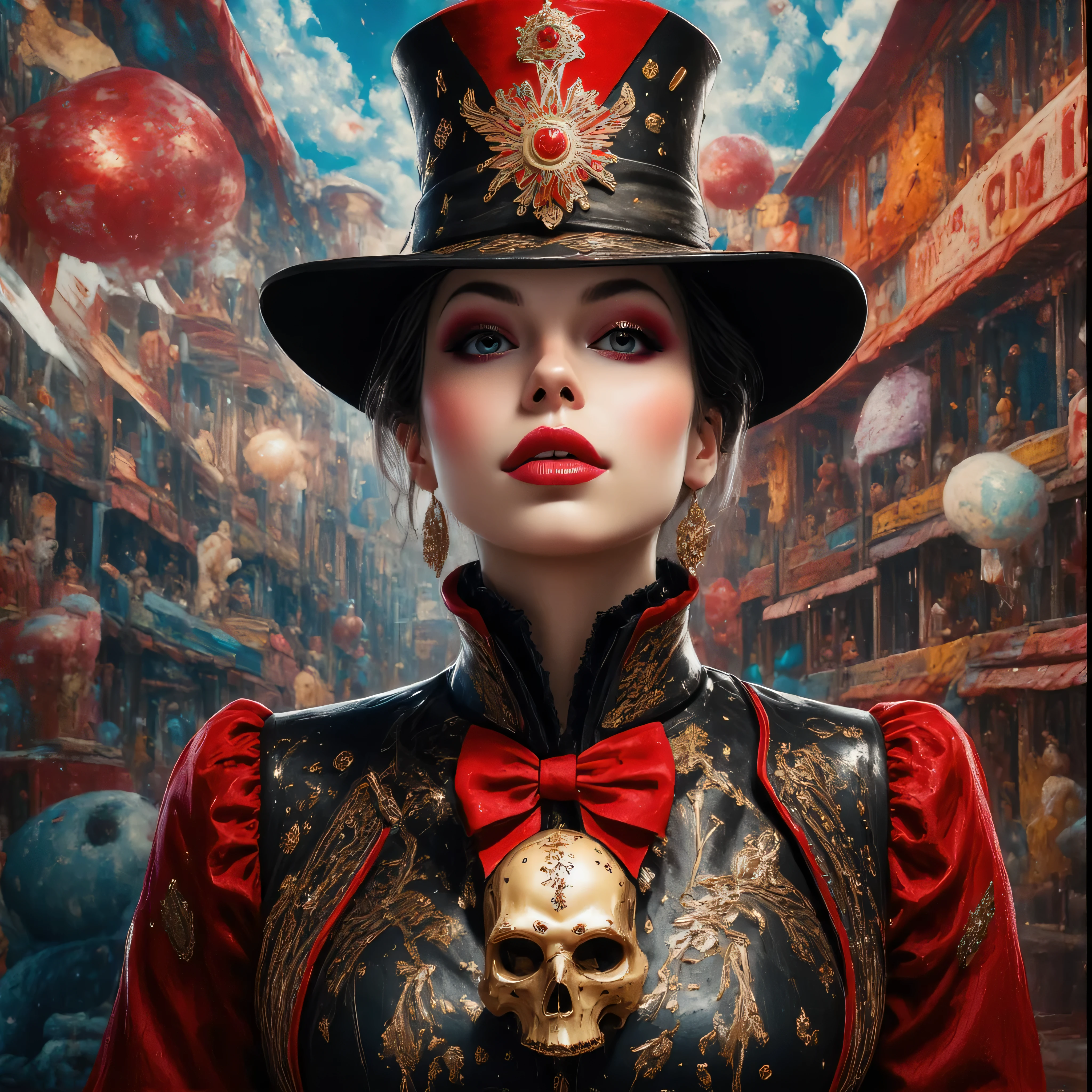 (photorealism:1.2), A portrait of a beautiful magician woman, holding a male wooden stringed puppet doll, with background of clowns and circus