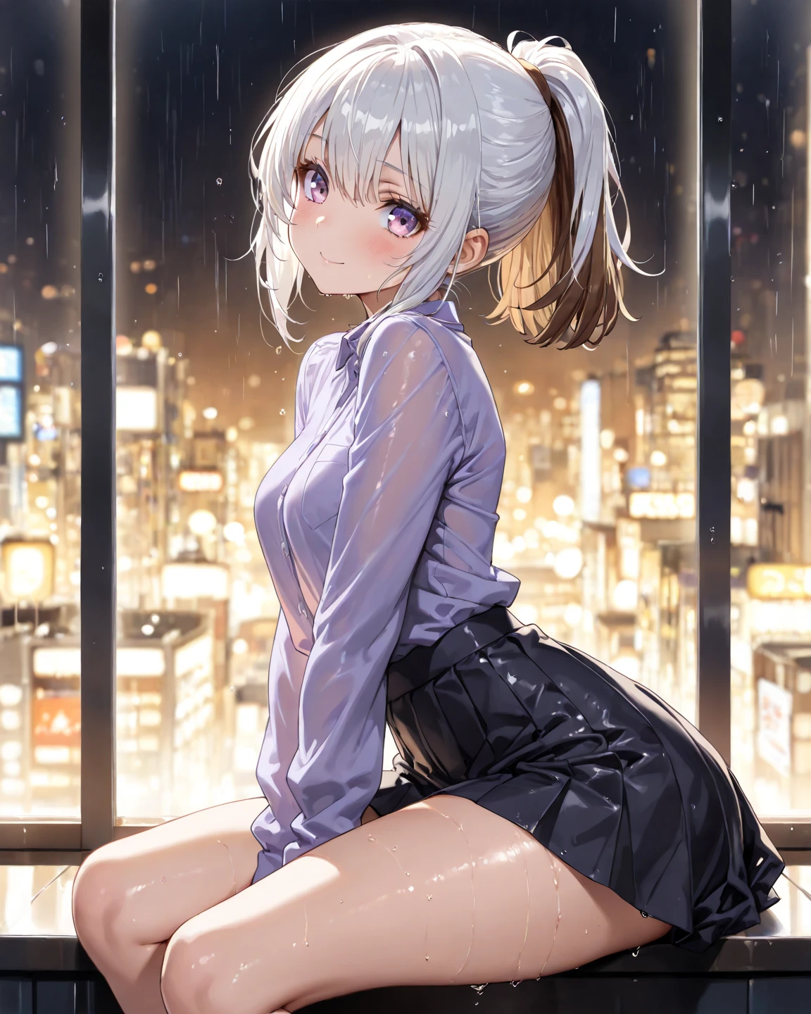 (masterpiece), (best quality), (ultra detailed), (high res 8K), 1 girl, late teenage, standing, full body, bird's eye view, hoody, mini-skirt, short hair, silver hair, serious, looking away, cityscape in Tokyo, raining, night, high contrast, professional lighting, stunning face, symmetrical clear eyes, detailed eyes and face,one katana,near future