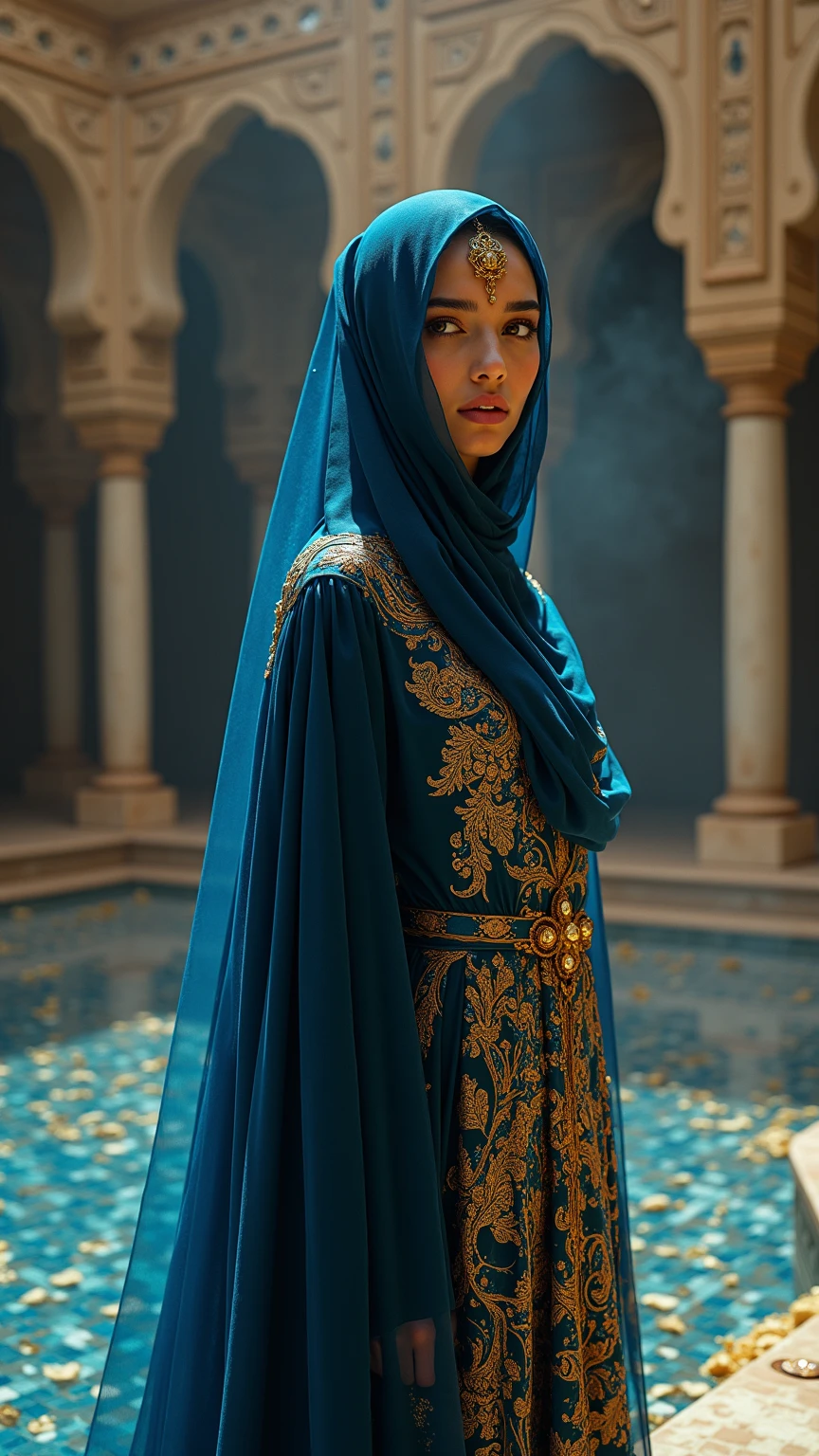 Giant girl,with hijab ,looking at the viewer