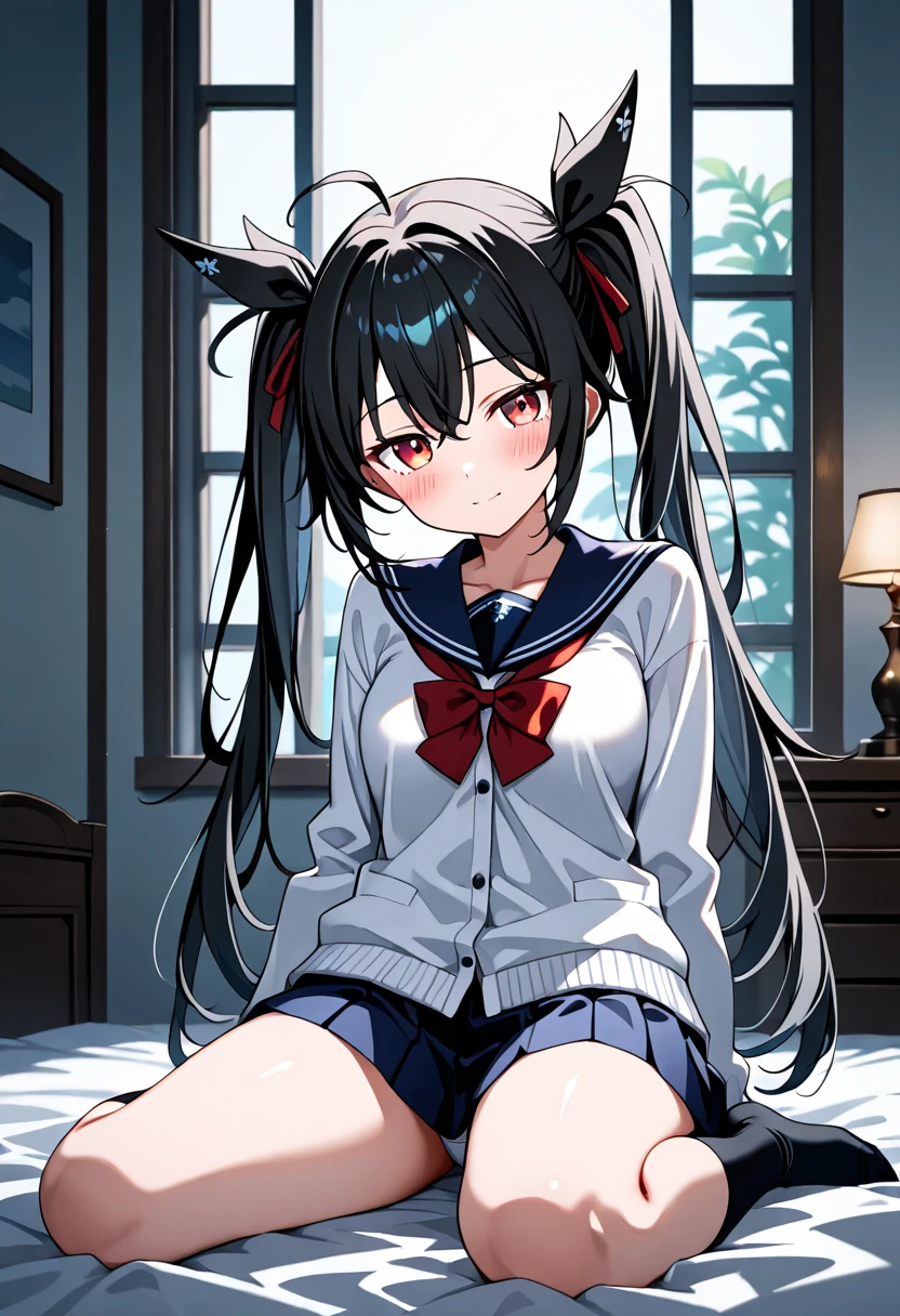 over-the-knee socks,collarbone,off-shoulder look,Black and red checkered short skirt,first round,(1girl,Beautiful  girl),((Slender,,low length,Small breasts,Thin legs,Small Ass,Baby Face,Small face)),Hands Behind Back,lick,open mouth,tongue out,cum on tongue,front face,from front,front view,looking at viewer, looking ahead,from above,cowboy shot,Black Hair,two side up,Gray Eyes,Drooping eyes,slit pupils,narrow eyes.middle School girls,Kneeling,Straight Stand,Beautiful and detailed anime art,Mischievous smile,Sexy vibe,Dimly lit room,On the bed,Simple Background,Gray background,Low lighting ((( soaking wet )))