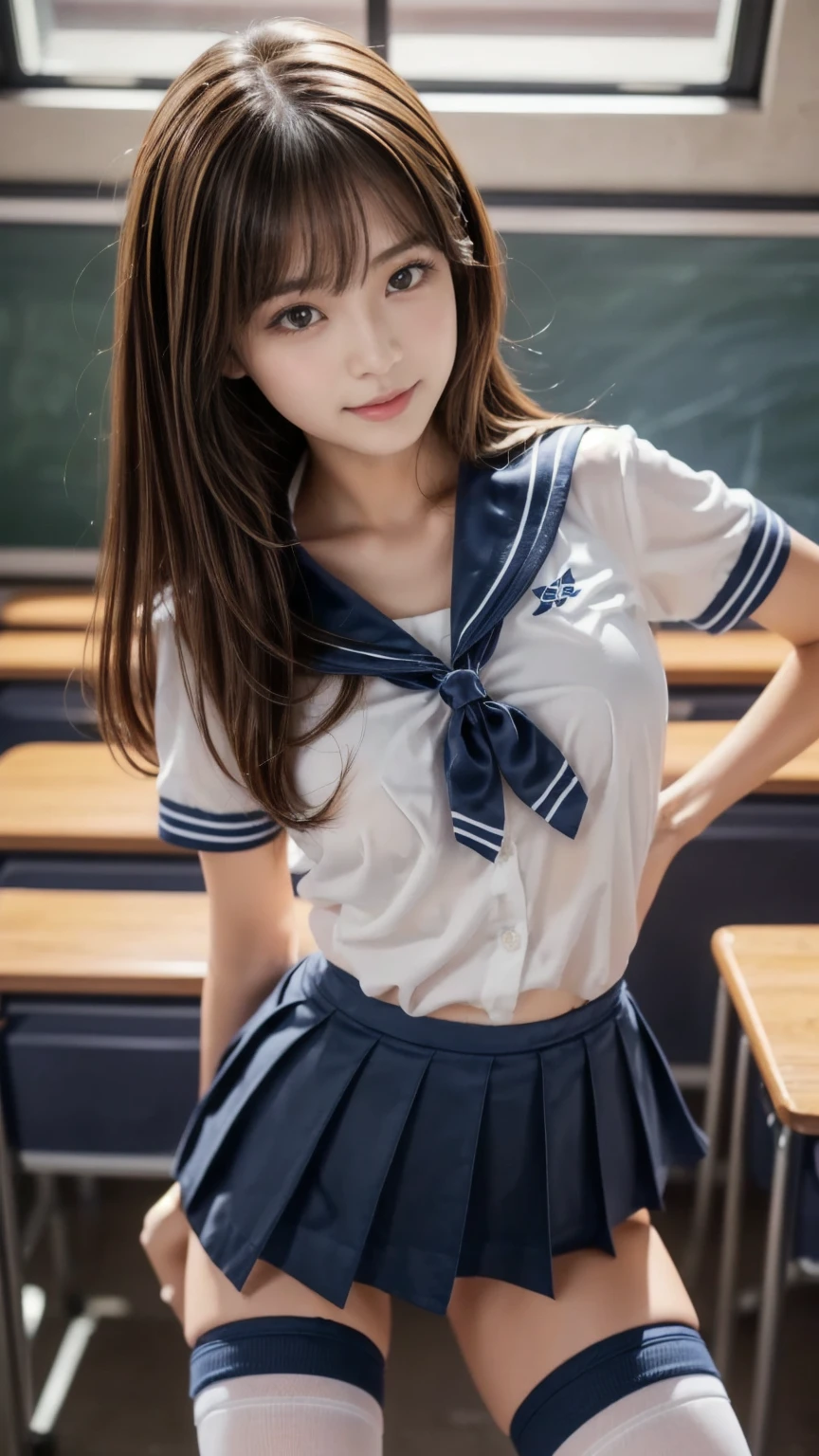 (8k, RAW photo, photorealistic:1.25) ,( lipgloss, eyelashes, gloss-face, glossy skin, best quality, ultra highres, depth of field, chromatic aberration, caustics, Broad lighting, natural shading,Kpop idol) looking at viewer with a serene and goddess-like happiness, highschool classroom, sailor uniform, mini skirt