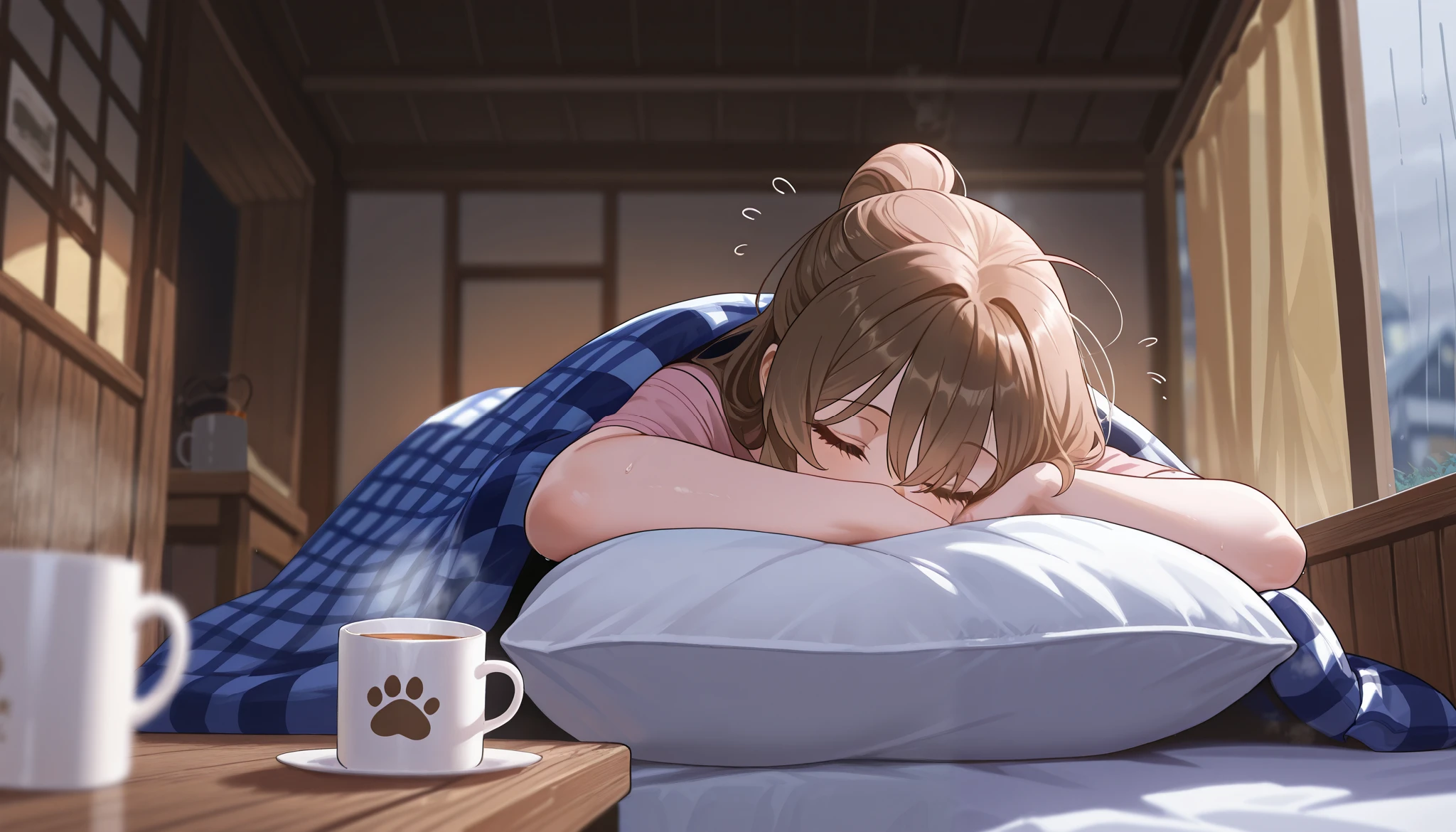 "A cozy tent during a gentle rainstorm, with drops streaming down the tent’s translucent walls. The bed, covered in a checkered blanket, holds a woman resting with her head tilted back, eyes closed in peaceful relaxation. Her small dog lies beside her, watching the rain. A lantern glows warmly on a wooden table, next to a steaming mug of tea. The view outside is blurred by rain, adding to the tranquil, dreamy atmosphere."
