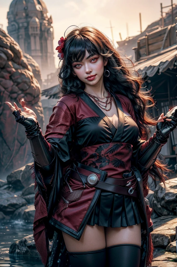 raven branwen, stunning girlfriend, standing, dynamic pose, heart shaped face, elegant face, beautiful face, highly detailed face, highly detailed skin, skin pores, subsurface scattering, realistic pupils, loving smile, looking at viewer, full face blush, full lips, detailed background, depth of field, atmospheric perspective, volumetric lighting, sharp focus, absurdres, realistic proportions, good anatomy, (realistic, hyperrealistic:1.4), 16k hdr, 1girl, bangs, black_hair, black_kimono, breasts, flower, hair_between_eyes, hair_flower, hair_ornament, japanese_clothes, thighhighs kimono, long_hair, multicolored_hair, obi, red_eyes, red_hair, sash, standing, in cave mouth, smile, underground pool of water, rocks