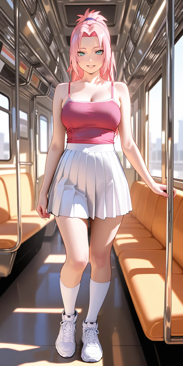 1 beautiful woman, ((stand in the overcrowded bus)), pink underboob, beautiful face, seductive, a lot of makeup, (short wavy red hair, bob cut), wet underboob, high heels, (red mini skirt).