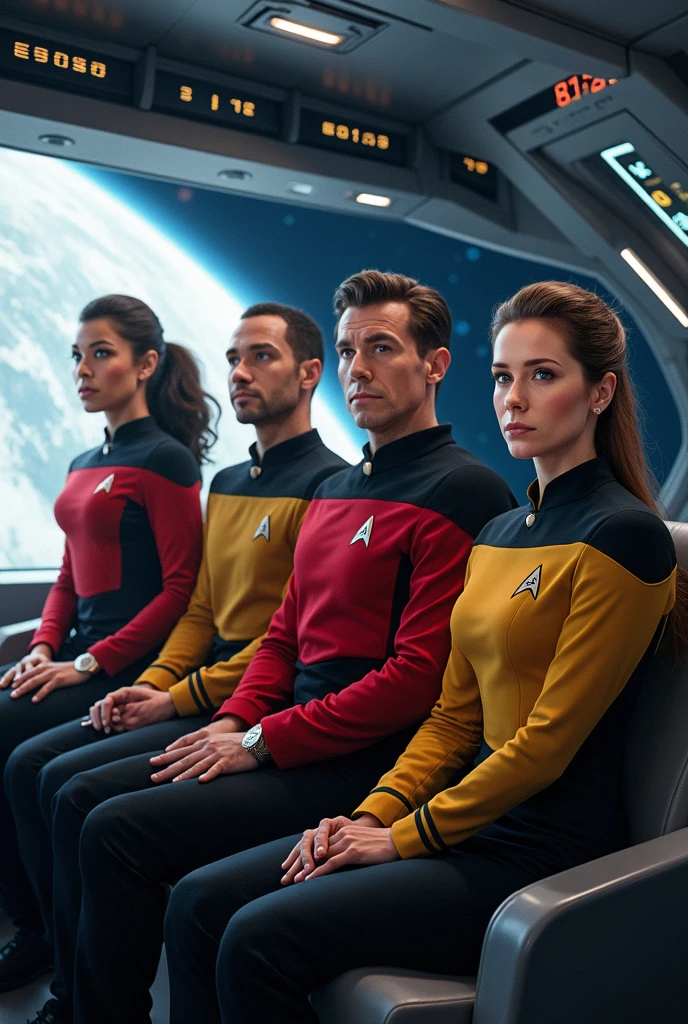 we are on the dashboard of enterprise star trek
a handsome man dressed as a captain stands in the center
a beautiful woman on his right.
and another blonde woman to his left.
there is a smiling little boy next to them