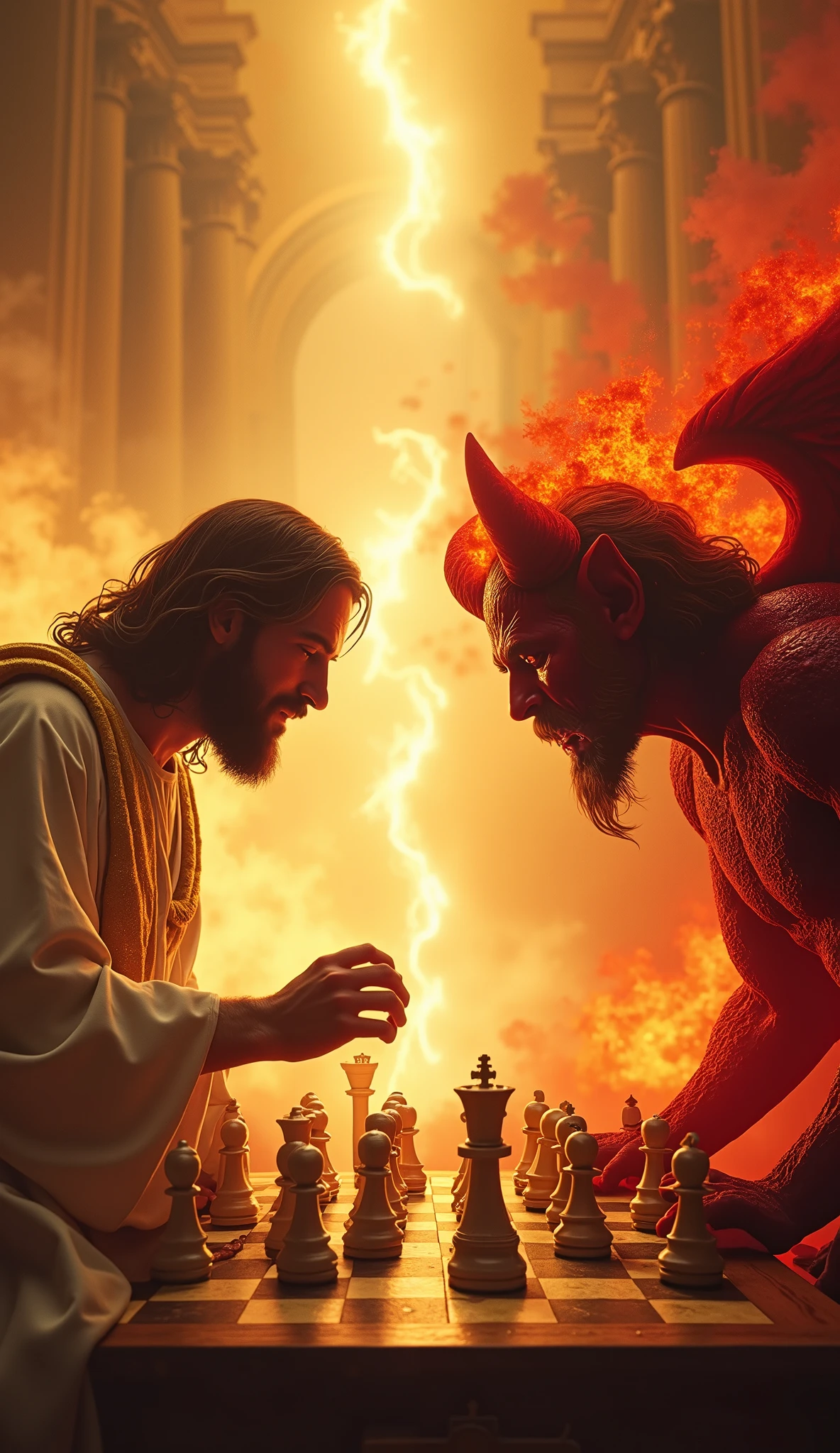 An intense and dramatic scene where Jesus and the Devil are competing against each other in an epic showdown. The setting is a grand celestial arena, illuminated by divine golden light on one side and eerie crimson flames on the other. Jesus, radiating a calm and determined aura, is dressed in a white robe with a golden sash, his eyes full of wisdom and unwavering confidence. The Devil, menacing and powerful, has dark crimson skin, large horns, and piercing fiery eyes, exuding an aura of chaos and defiance. They are locked in a fierce chess battle, their hands hovering over the pieces, each move carrying cosmic significance. The chessboard itself glows with supernatural energy, reflecting the battle between good and evil. Shadows twist and angels watch from above as the match unfolds in a breathtaking display of strategy, intellect, and destiny. The atmosphere is cinematic, with dramatic lighting and an epic sense of tension, as the ultimate duel between light and darkness plays out in an unexpected battlefield.