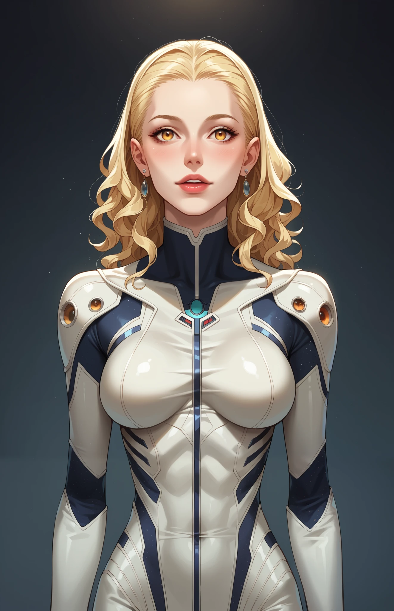 ALIEN WITH long blonde curly hair and futuristic jumpsuit clothing, spaceship captain, pontuação_9, pontuação_8_acima, pontuação_7_acima, pontuação_6_acima, source_realista, BREAK 1 female alien with long blonde hair, roupa futuristica, FANTASTIC CREATURE, Ficção científica