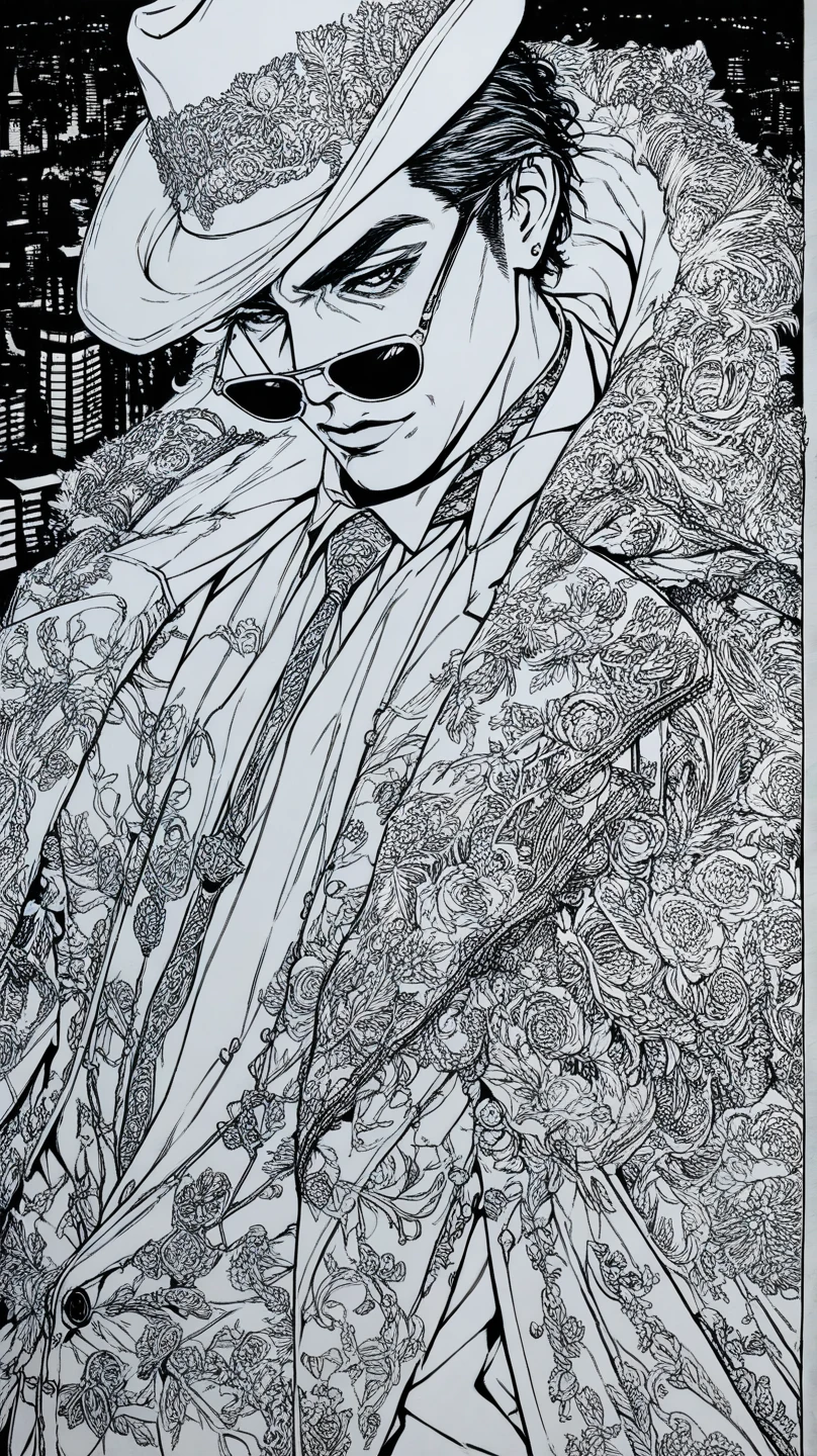 line art, best quality, ultra detailed, man, solo, mafia, flamboyant, fedora, sunglasses, night