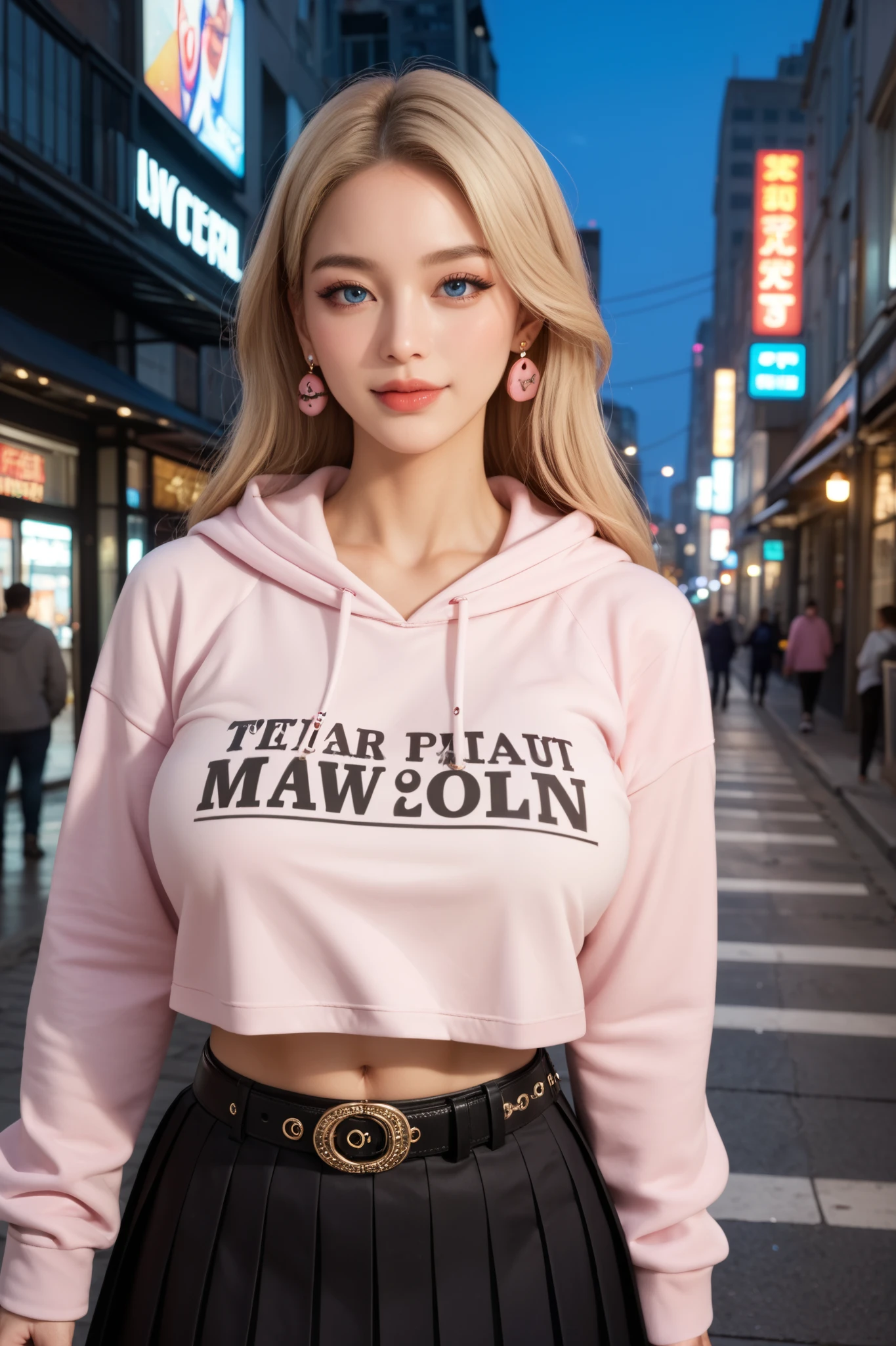 Highest quality、Highest quality、Highest Resolution、Masterpiece、Super detailed、(Cute pose)、Looking at the camera with a cute smile、Japanese、Beautiful 3 woman、(Blonde long curly hair)、Chubby body type、Sagging breasts、Narrow waist、Sexy beautiful legs、Round ass、(Wearing a purple striped T-shirt and micro panties)、(She is carrying luxury brand items such as a Chanel shoulder bag, a Hermes shopping bag, and a Louis Vuitton tote bag.:1.3)、(Stoles, cute hair accessories, large earrings, luxury necklaces, and ultra-thin belts:1.3)、Wearing red stiletto heels、(Wearing a black jacket:1.3)、(Crossing in front of Shibuya Station, Tokyo:1.3)、(There are beautiful women around:1.5)