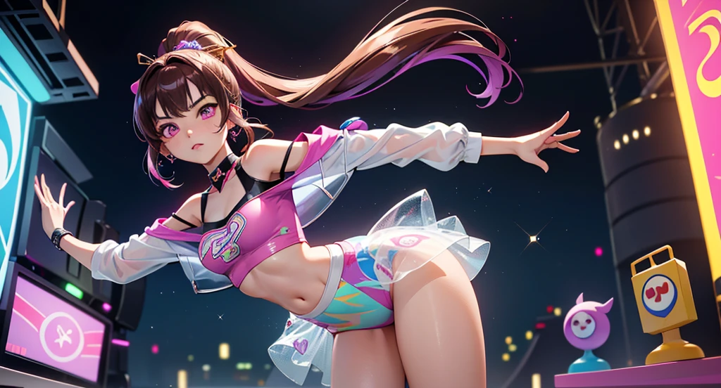 ((Masterpiece)), best quality, absurderes, ultra detailed, holographic, cowboy shot, golden ratio, super cute girl, mature girl, idol girl, super beautiful asian girl with very beautiful violet glowing eyes, beautiful glowing brown multicolored hair, high ponytail, nice and sexy body, slim body, perfect body, wearing a super tight anime printed leotard, an anime printed super tight off shoulder long sleeve crop top, a super aesthetic transparent mini jacket, beautiful hair ornament, pink jordan tennis, being photographed in a mall shop,