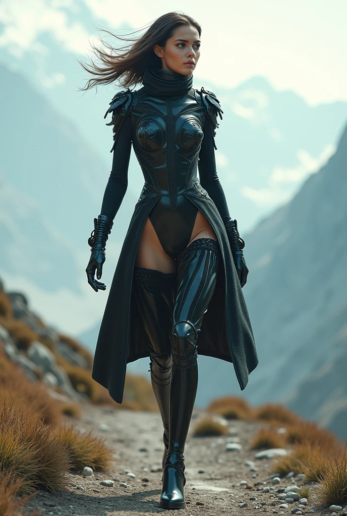 solo, 1female, (long legs, thick thighs, narrow waist:1.3, wide hips:1.4), sexy mature female, thick lips, (detailed face, detailed body, futuristic, arcane, bioluminescent, tech, crystalline, metallic, flora, glyphs, plantlife, circuits, neon, mystic, technology, ruin, magic, cyber, ancient, stark contrast, detailed background, scenic composition).